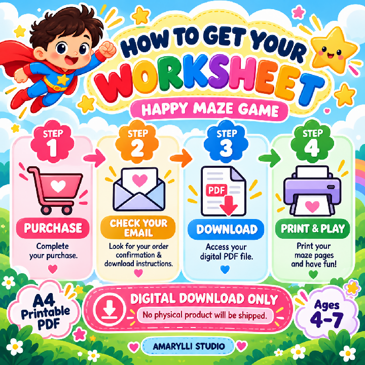 Happy Maze Game - 100 Fun and Educational Maze Puzzles for Kids Ages 4-7 A4 Printable PDF