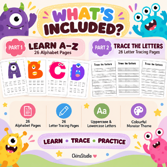 Worksheet Tracing Huruf A–Z Monster Latihan Huruf Besar dan Kecil 52 Pages Printable PDF