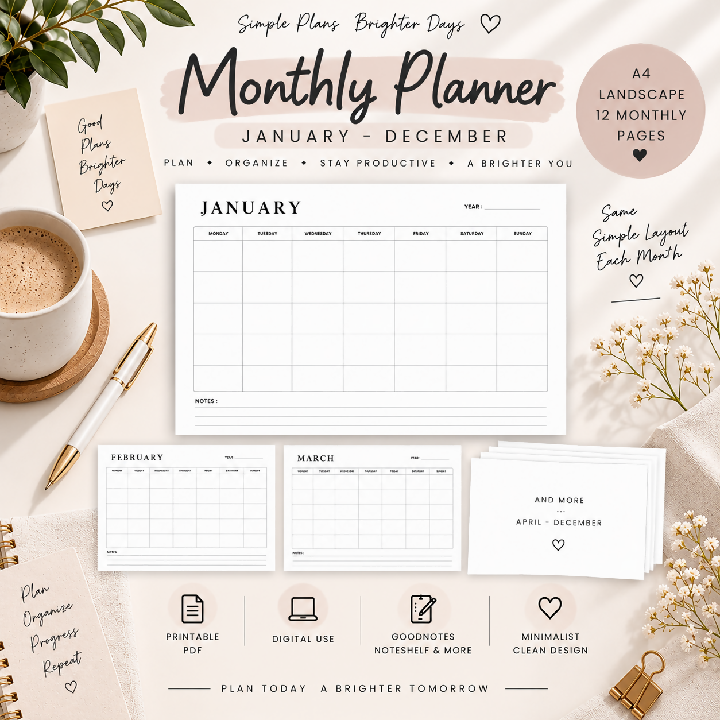 Minimalist Monthly Planner Calendar
