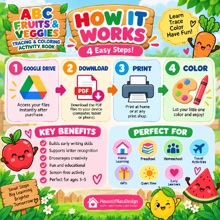 ABC Fruits and Veggies Tracing Worksheets - Ages 3-5