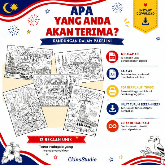 Aktiviti Mewarna Merdeka 12 Halaman PDF Boleh Dicetak Tema Malaysia untuk Kanak Kanak