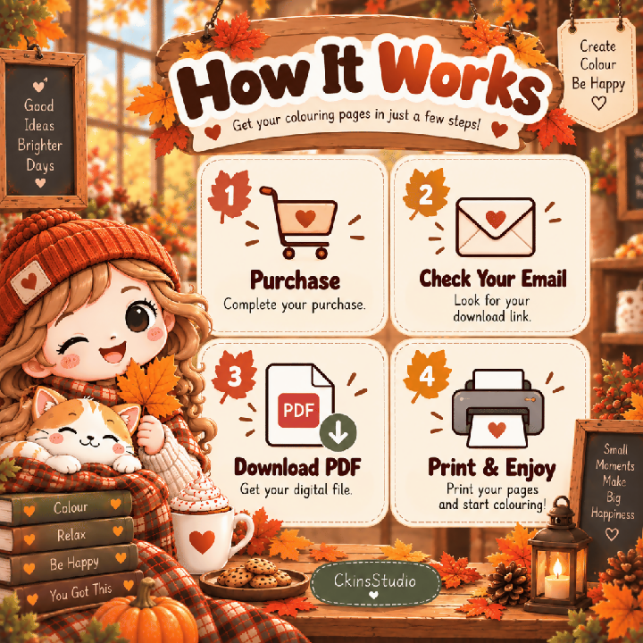 Cosy Fall Cafe Autumn Colouring Pages A4 Printable PDF Cute Animal Colouring Book
