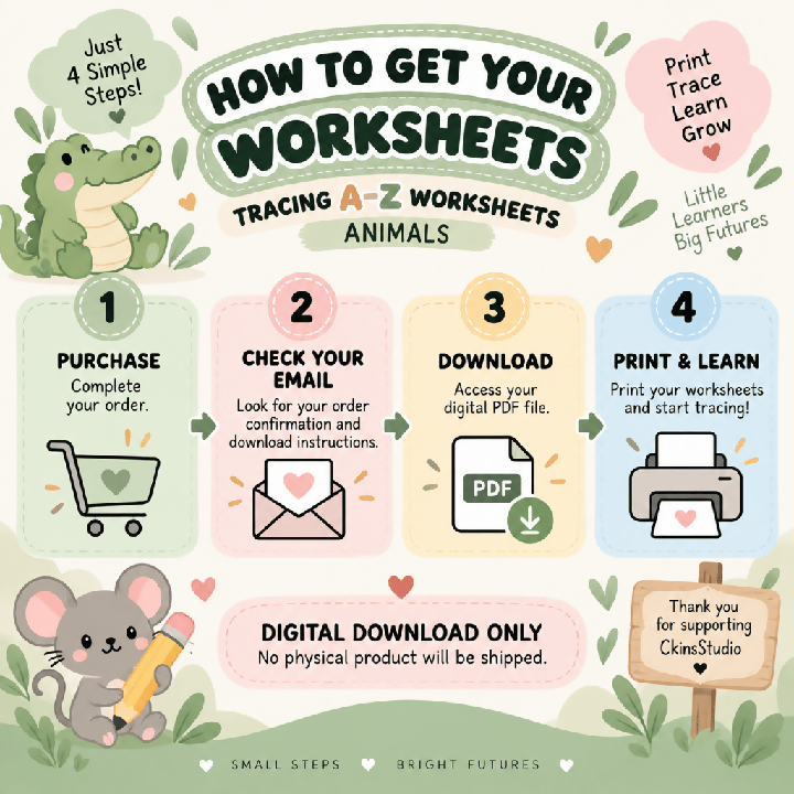 Worksheet Tracing Huruf A–Z Tema Haiwan Latihan Menulis Huruf Besar dan Kecil Aktiviti Prasekolah Printable PDF