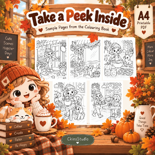 Cosy Fall Cafe Autumn Colouring Pages A4 Printable PDF Cute Animal Colouring Book