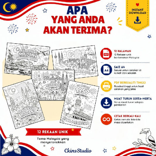 Aktiviti Mewarna Merdeka 12 Halaman PDF Boleh Dicetak Tema Malaysia untuk Kanak Kanak