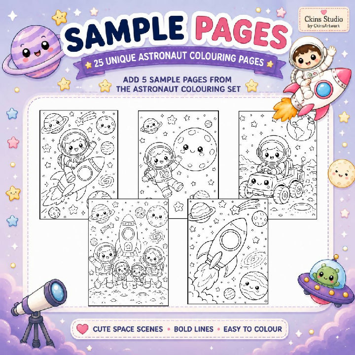 Kawaii Astronaut Colouring Pages – 25 A4 Printable Pages for Kids