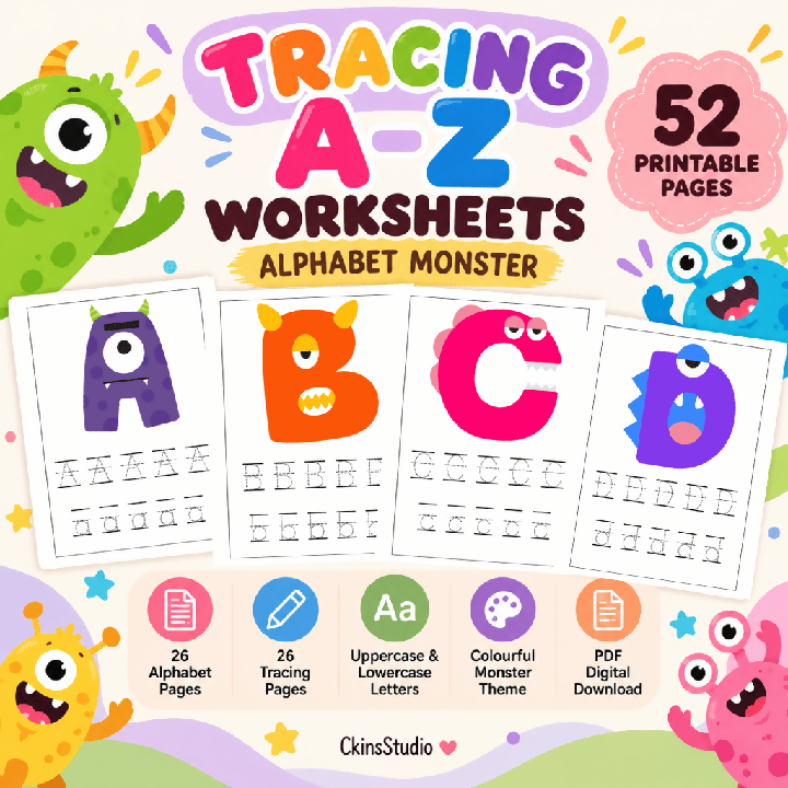 Worksheet Tracing Huruf A–Z Monster Latihan Huruf Besar dan Kecil 52 Pages Printable PDF
