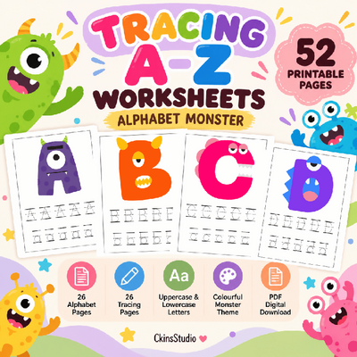 Worksheet Tracing Huruf A–Z Monster Latihan Huruf Besar dan Kecil 52 Pages Printable PDF