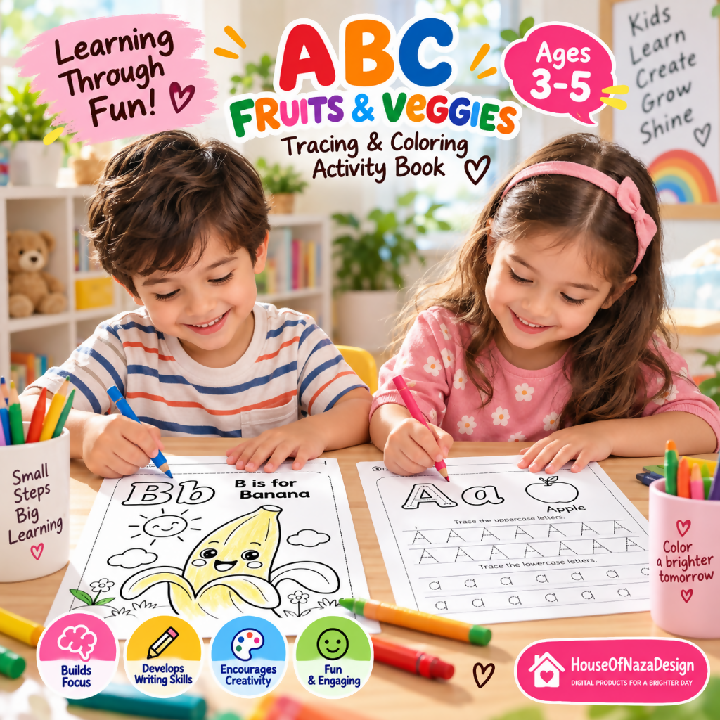 ABC Fruits and Veggies Tracing Worksheets - Ages 3-5