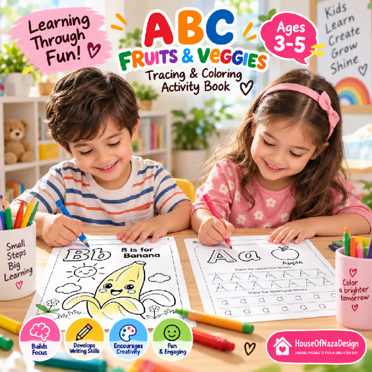 ABC Fruits and Veggies Tracing Worksheets - Ages 3-5