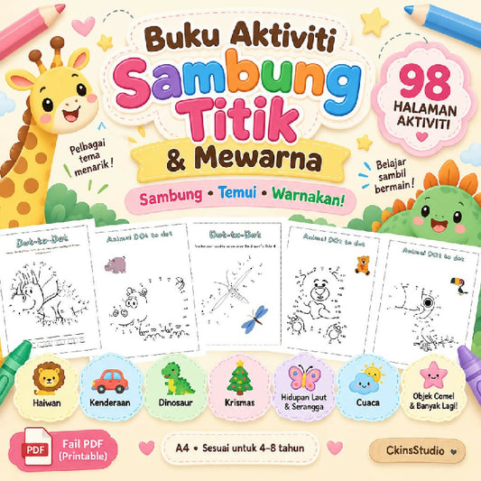 Buku Aktiviti Sambung Titik dan Mewarna 98 Halaman Aktiviti Kanak-Kanak Dot To Dot Animal Worksheet