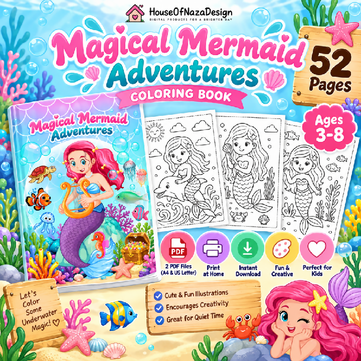 Magical Mermaid Adventures Coloring Book - Ages 3-8