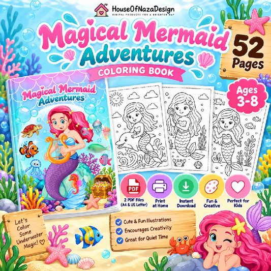 Magical Mermaid Adventures Coloring Book - Ages 3-8