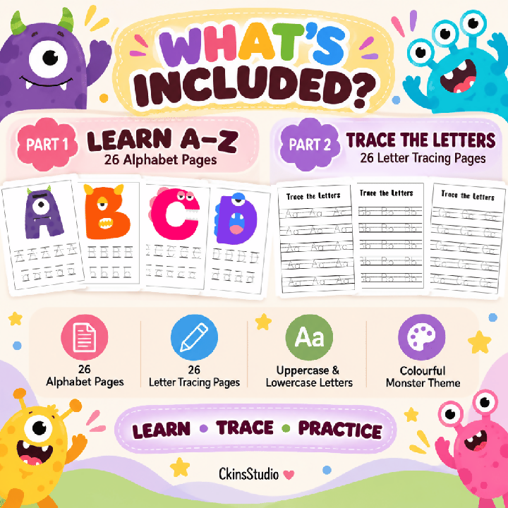 Worksheet Tracing Huruf A–Z Monster Latihan Huruf Besar dan Kecil 52 Pages Printable PDF