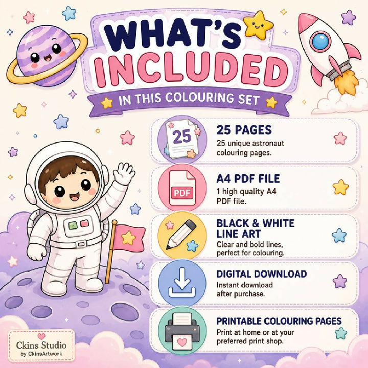 Kawaii Astronaut Colouring Pages – 25 A4 Printable Pages for Kids