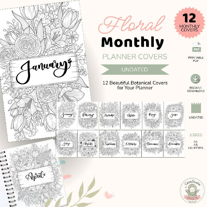 Floral Monthly Planner Cover Bundle Undated 12 Printable Covers A4 A5 US Letter