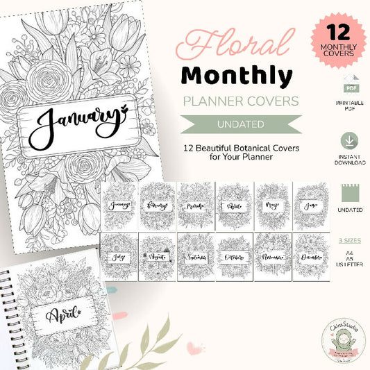 Floral Monthly Planner Cover Bundle Undated 12 Printable Covers A4 A5 US Letter