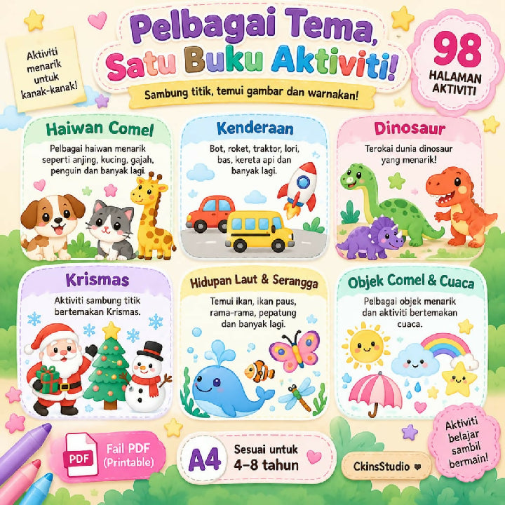 Buku Aktiviti Sambung Titik dan Mewarna 98 Halaman Aktiviti Kanak-Kanak Dot To Dot Animal Worksheet