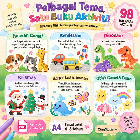 Buku Aktiviti Sambung Titik dan Mewarna 98 Halaman Aktiviti Kanak-Kanak Dot To Dot Animal Worksheet