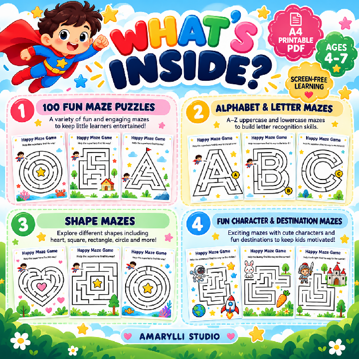 Happy Maze Game - 100 Fun and Educational Maze Puzzles for Kids Ages 4-7 A4 Printable PDF