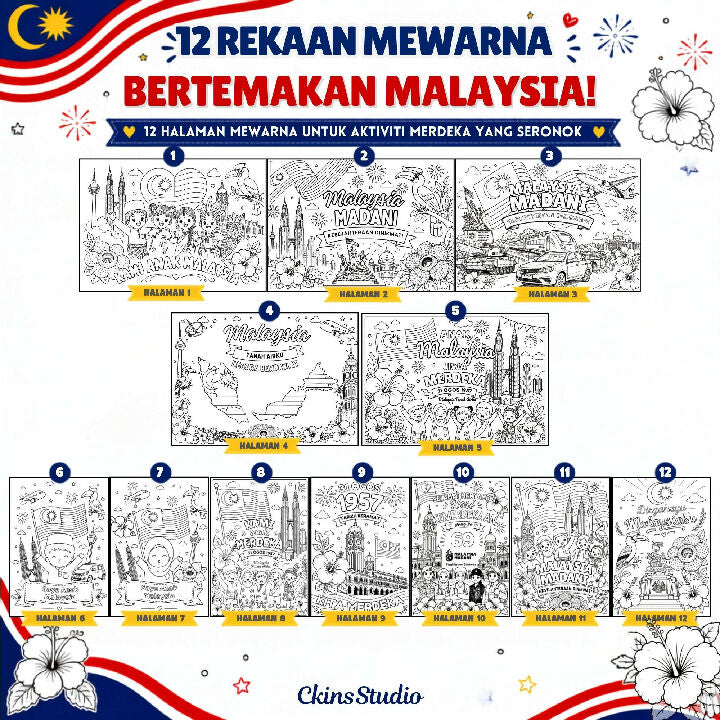 Aktiviti Mewarna Merdeka 12 Halaman PDF Boleh Dicetak Tema Malaysia untuk Kanak Kanak