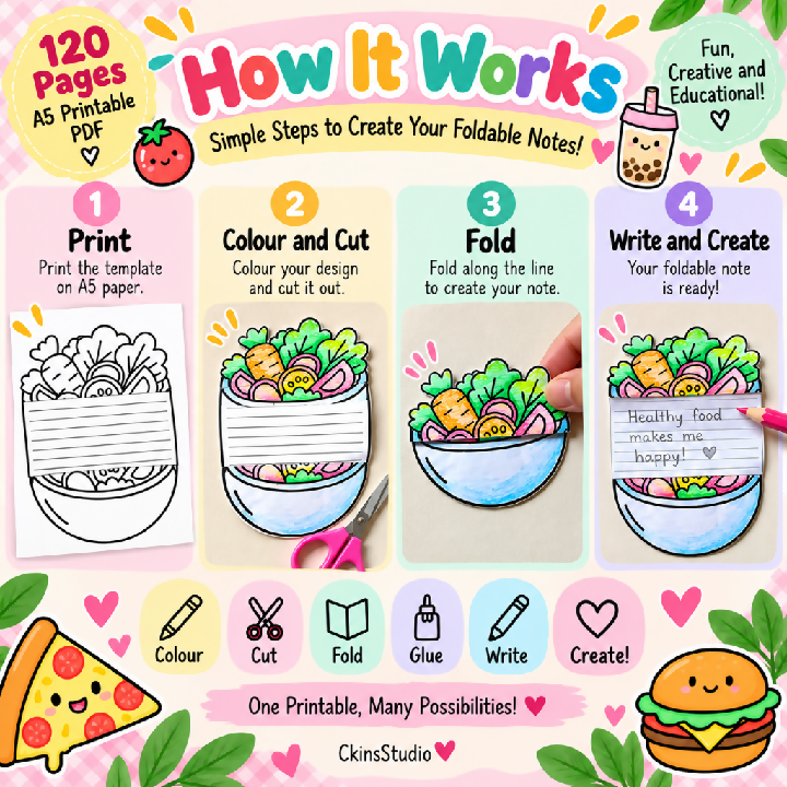 Cute Food And Drinks Foldable Notes 120 Pages A5 Kids Paper Craft Printable Scrapbook Activity