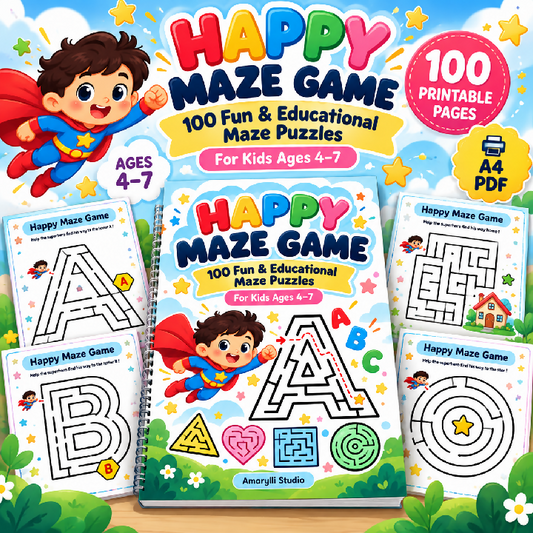Happy Maze Game - 100 Fun and Educational Maze Puzzles for Kids Ages 4-7 A4 Printable PDF