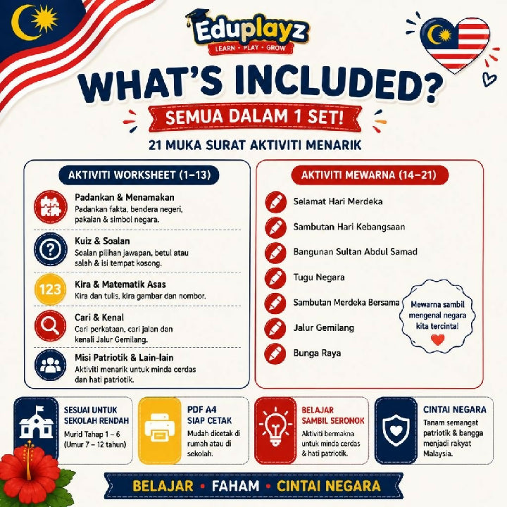 Eduplayz Worksheet Kemerdekaan – 21-Page A4 Printable Activities for Primary School