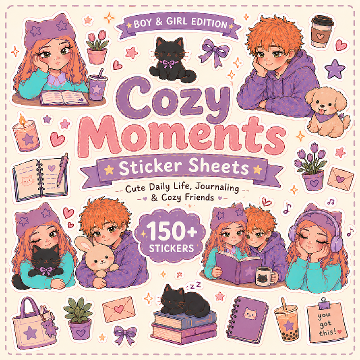 Aesthetic Cozy Moments Sticker Sheets Cute Daily Journaling & Cozy Friends 150+