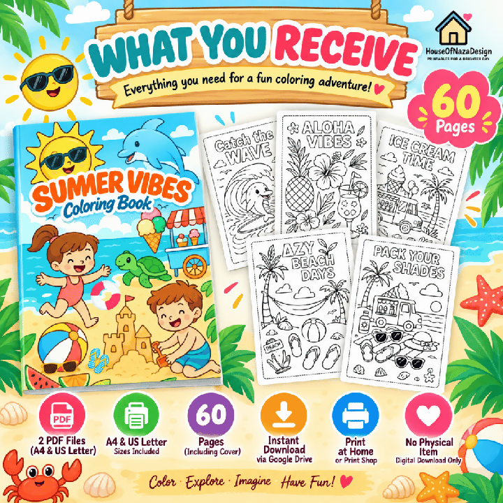 Summer Vibes Coloring Book for Kids Ages 3–8