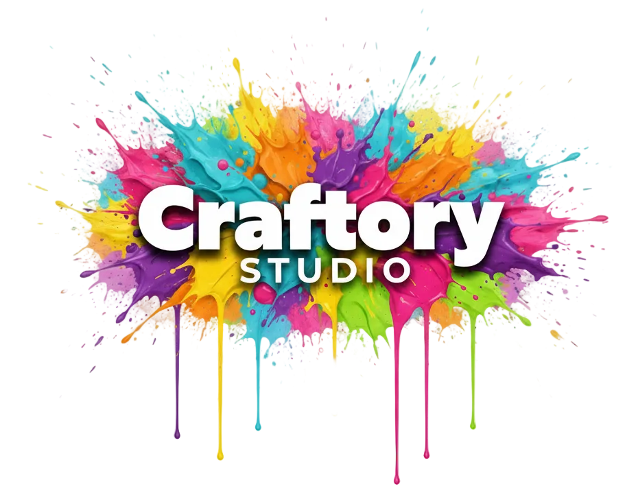 Colorful splashes with 'Craftory Studio' text on a white background