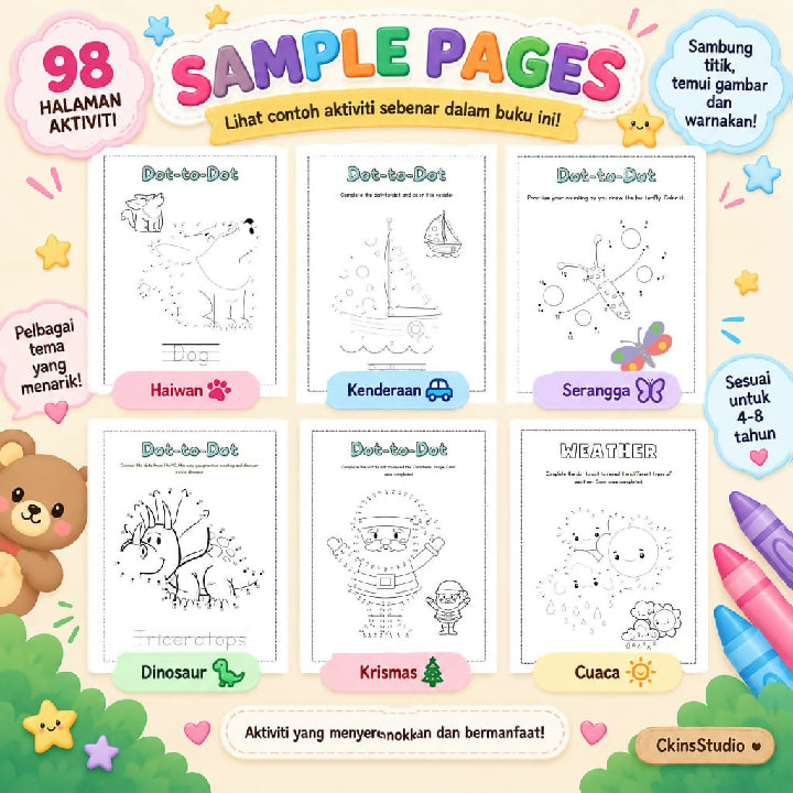 Buku Aktiviti Sambung Titik dan Mewarna 98 Halaman Aktiviti Kanak-Kanak Dot To Dot Animal Worksheet