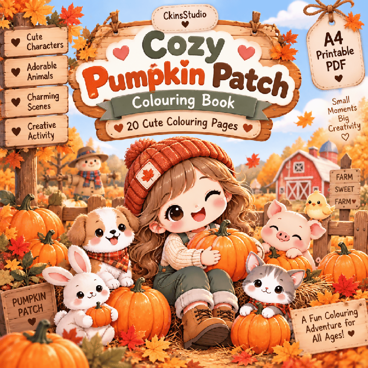 Cozy Pumpkin Patch Colouring Book 20 Pages A4 Printable PDF