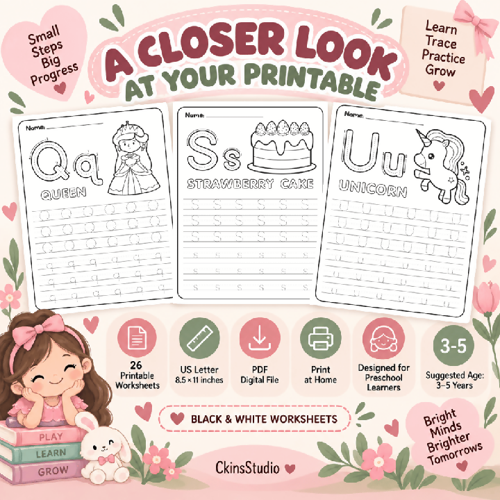 Worksheet Tracing Huruf A–Z Girl Theme Latihan Menulis Huruf Besar dan Kecil Aktiviti Prasekolah Printable PDF