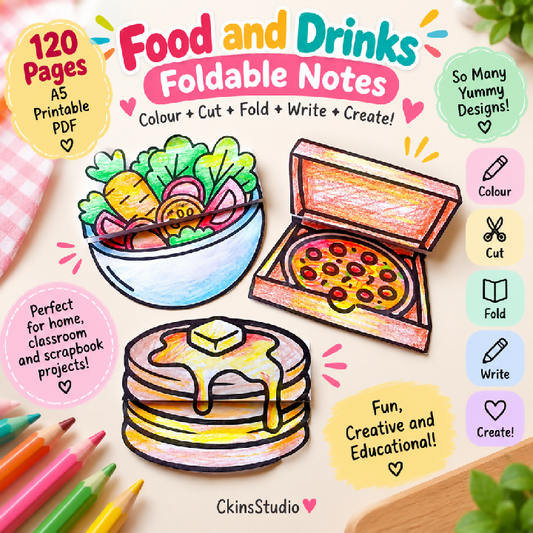Cute Food And Drinks Foldable Notes 120 Pages A5 Kids Paper Craft Printable Scrapbook Activity