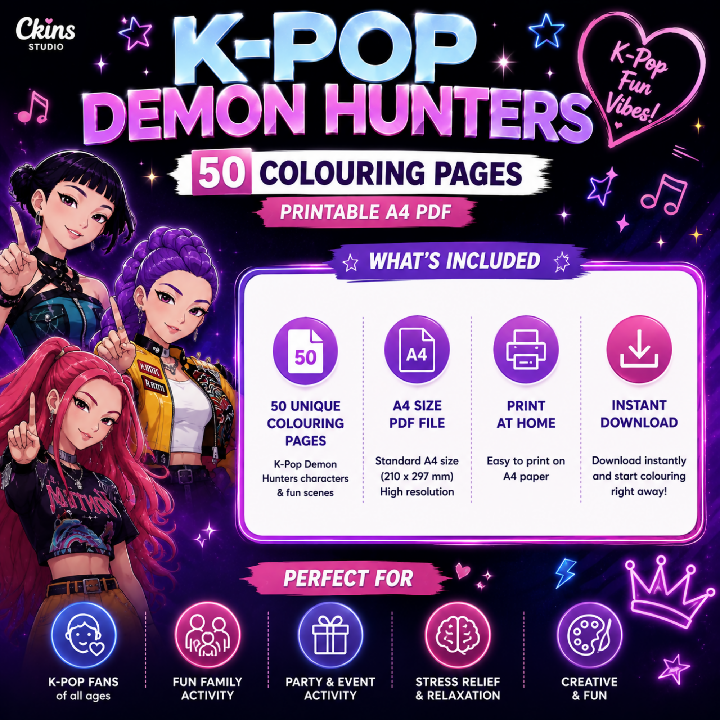 Kpop Demon Hunters Colouring Book 50 Printable Colouring Pages A4 PDF Kids and Kpop Fans