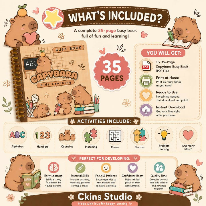 Capybara Busy Book 35 Pages Printable Kids Activity Book PDF