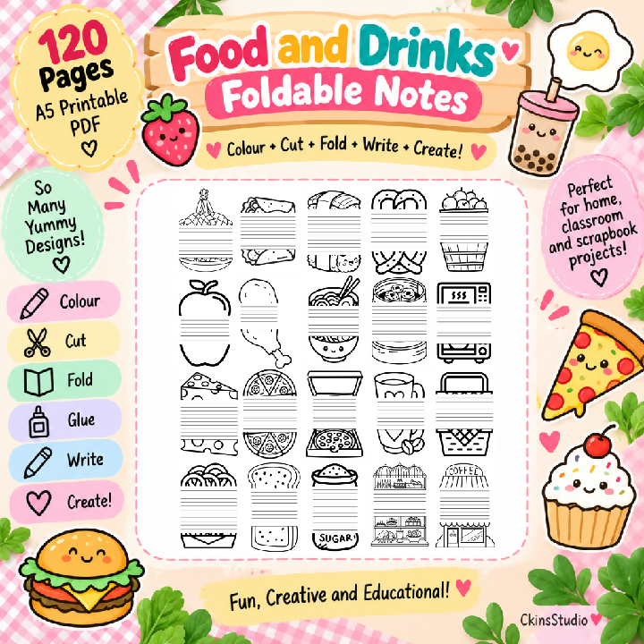 Cute Food And Drinks Foldable Notes 120 Pages A5 Kids Paper Craft Printable Scrapbook Activity