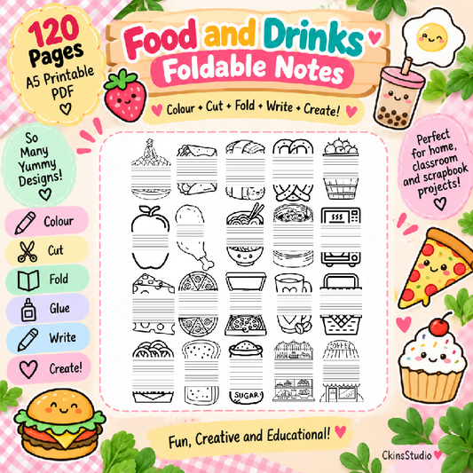 Cute Food And Drinks Foldable Notes 120 Pages A5 Kids Paper Craft Printable Scrapbook Activity