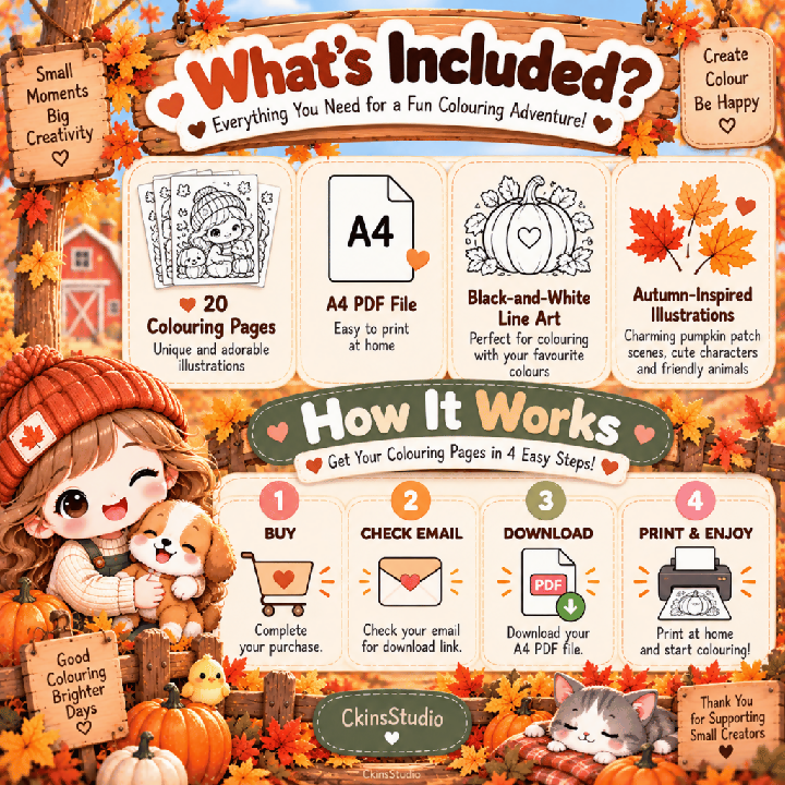 Cozy Pumpkin Patch Colouring Book 20 Pages A4 Printable PDF