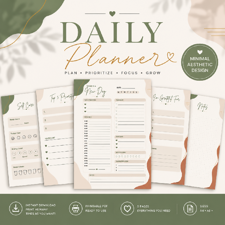 Minimalist Printable Productivity Daily planner