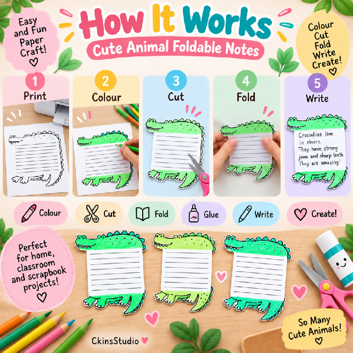 Cute Animal Foldable Notes 100 Pages A5 Kids Paper Craft Printable Scrapbook Activity