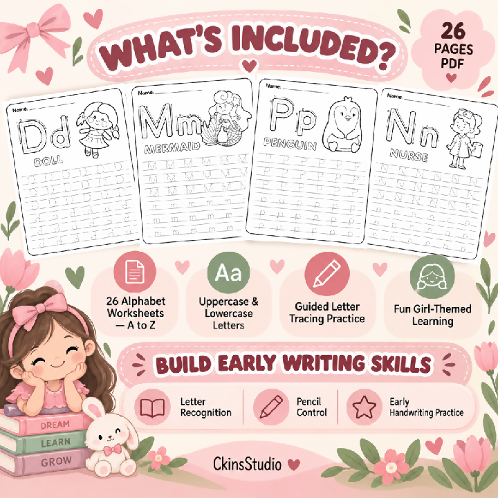 Worksheet Tracing Huruf A–Z Girl Theme Latihan Menulis Huruf Besar dan Kecil Aktiviti Prasekolah Printable PDF