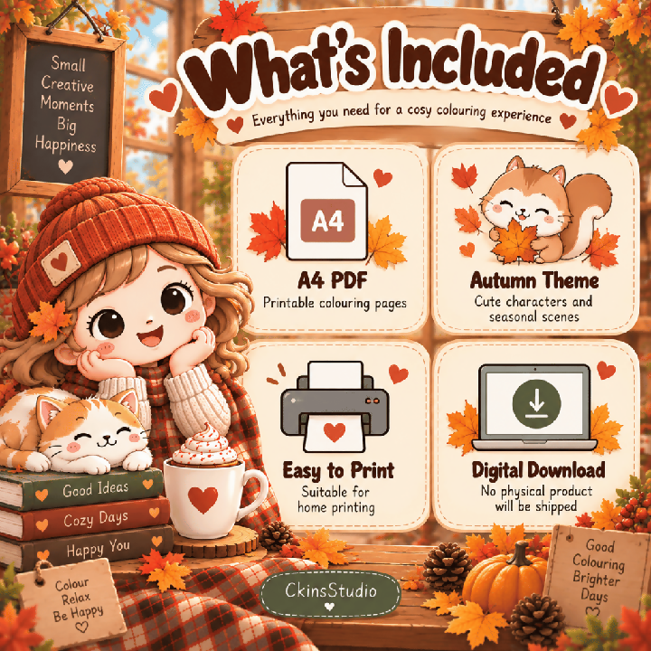 Cosy Fall Cafe Autumn Colouring Pages A4 Printable PDF Cute Animal Colouring Book
