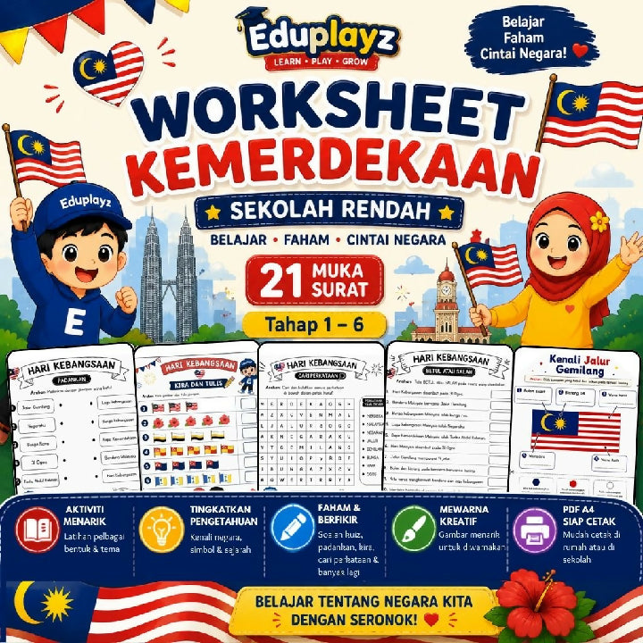 Eduplayz Worksheet Kemerdekaan – 21-Page A4 Printable Activities for Primary School