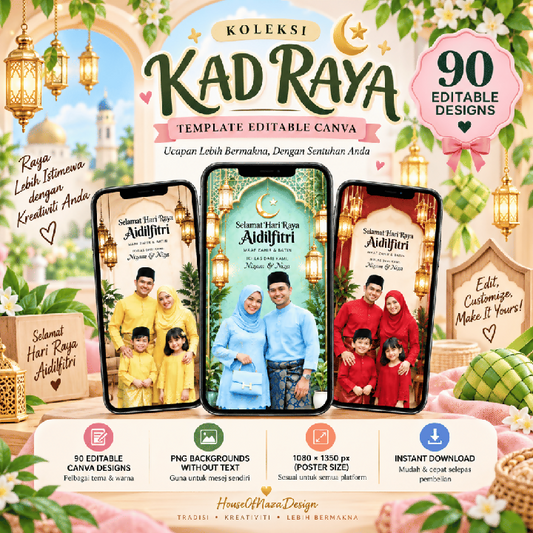 90 Editable Raya Card Canva Templates - Kad Ucapan Aidilfitri Digital