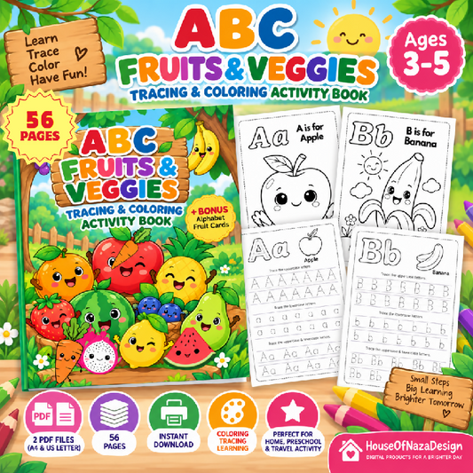 ABC Fruits and Veggies Tracing Worksheets - Ages 3-5