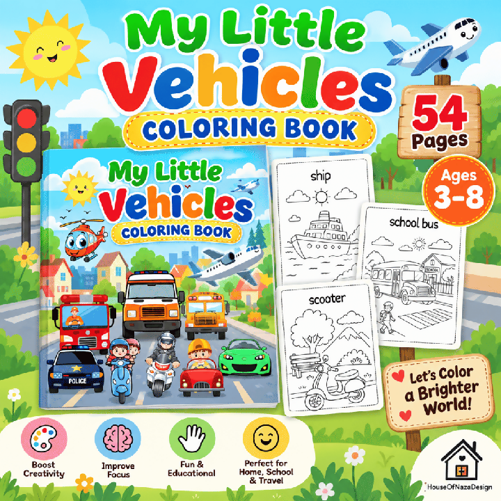 My Little Vehicles Coloring Book for Kids Ages 3–8