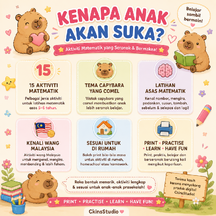 Capybara Math Pengembaraan Aktiviti Matematik Prasekolah 5-6 Tahun Printable Worksheet