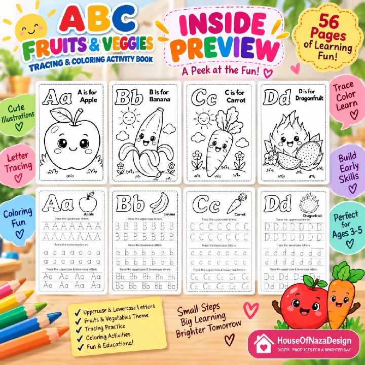 ABC Fruits and Veggies Tracing Worksheets - Ages 3-5